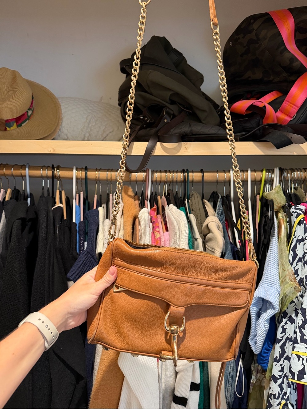 Rebecca minkoff Tan Leather Crossbody Bag with Gold Chain Strap